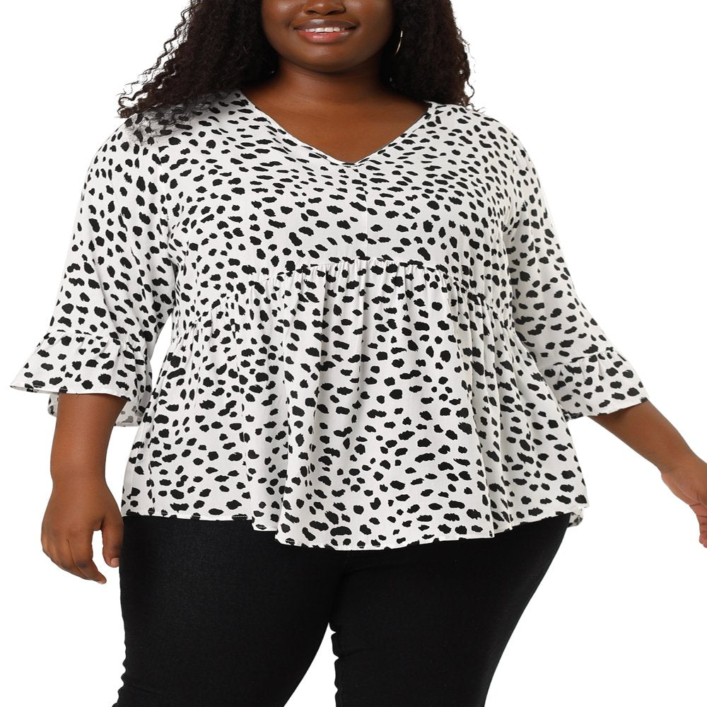  Women'S plus Size Polka Dots 3/4 Sleeve Babydoll Peplum Blouse