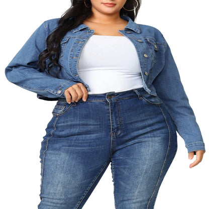  Women's Plus Size Jean Button Outfits Fashion Cropped Denim Jackets