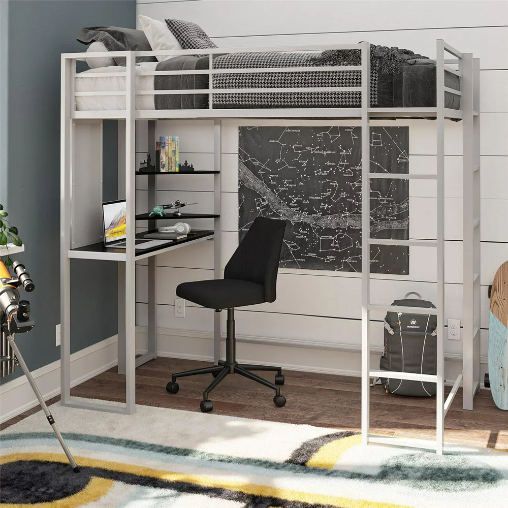 Teen Novogratz Hunter Full Size Metal Loft Bed with Desk, White