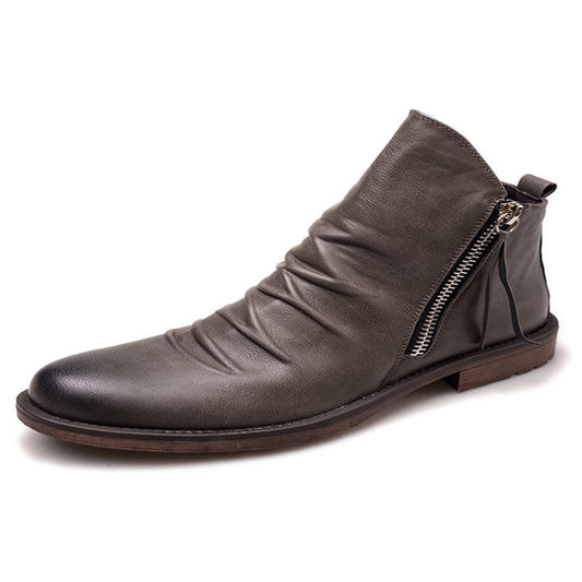 Ritualay Mens Comfortable Dress Boots round Toe Ankle Booties Business Work Side Zip Leather Boot Wine Red 8.5