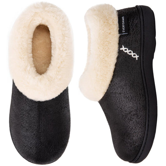  Women's Micro Suede Cozy Memory Foam Winter Slippers with Fuzzy Faux Fur Collar and Indoor Outdoor Rubber Sole