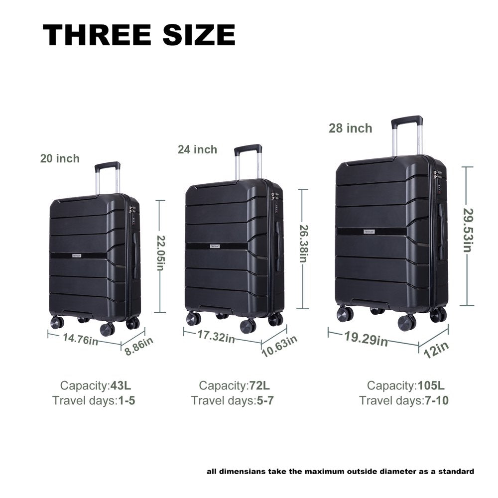 3 Piece Luggage Set Hardshell Lightweight Suitcase with TSA Lock Spinner Wheels 20In24In28In.(Black)