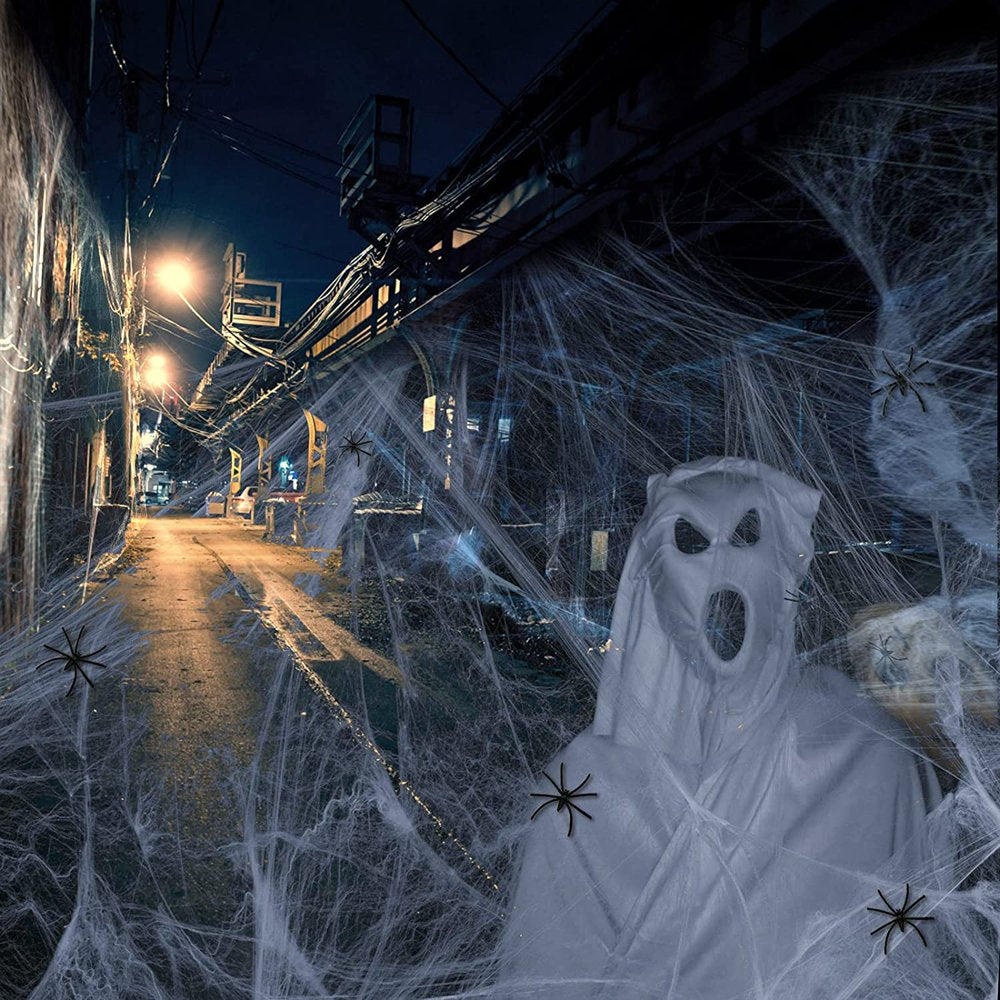 1000 sqft Spider Webs Halloween Decorations + Free 100 Fake Spiders, Super Stretch Cobwebs for Scary Halloween Indoor and Outdoor Party Props Supplies