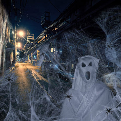 1000 sqft Spider Webs Halloween Decorations + Free 100 Fake Spiders, Super Stretch Cobwebs for Scary Halloween Indoor and Outdoor Party Props Supplies