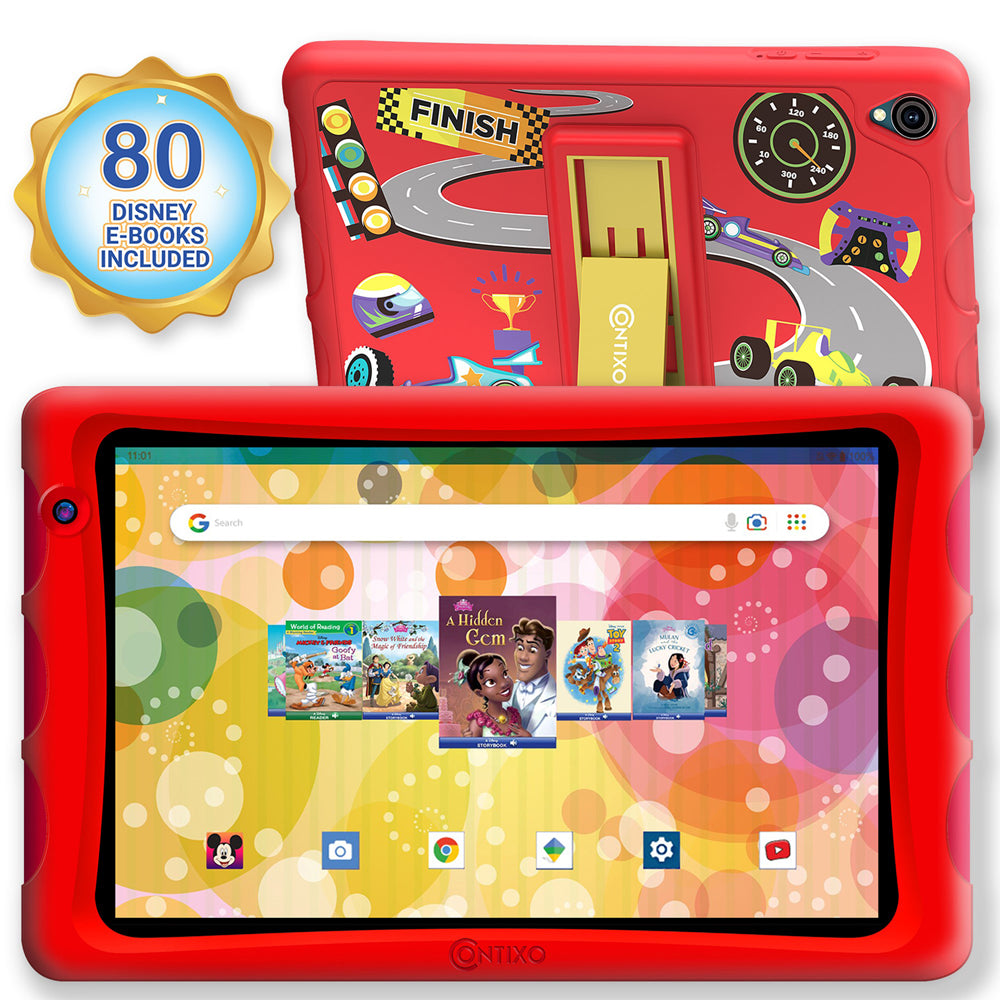 Contixo 8" Android Kids Tablet 64GB, Includes 80+ Disney Storybooks & Stickers, Kid-Proof Case with Kickstand, (2023 Model) - Red