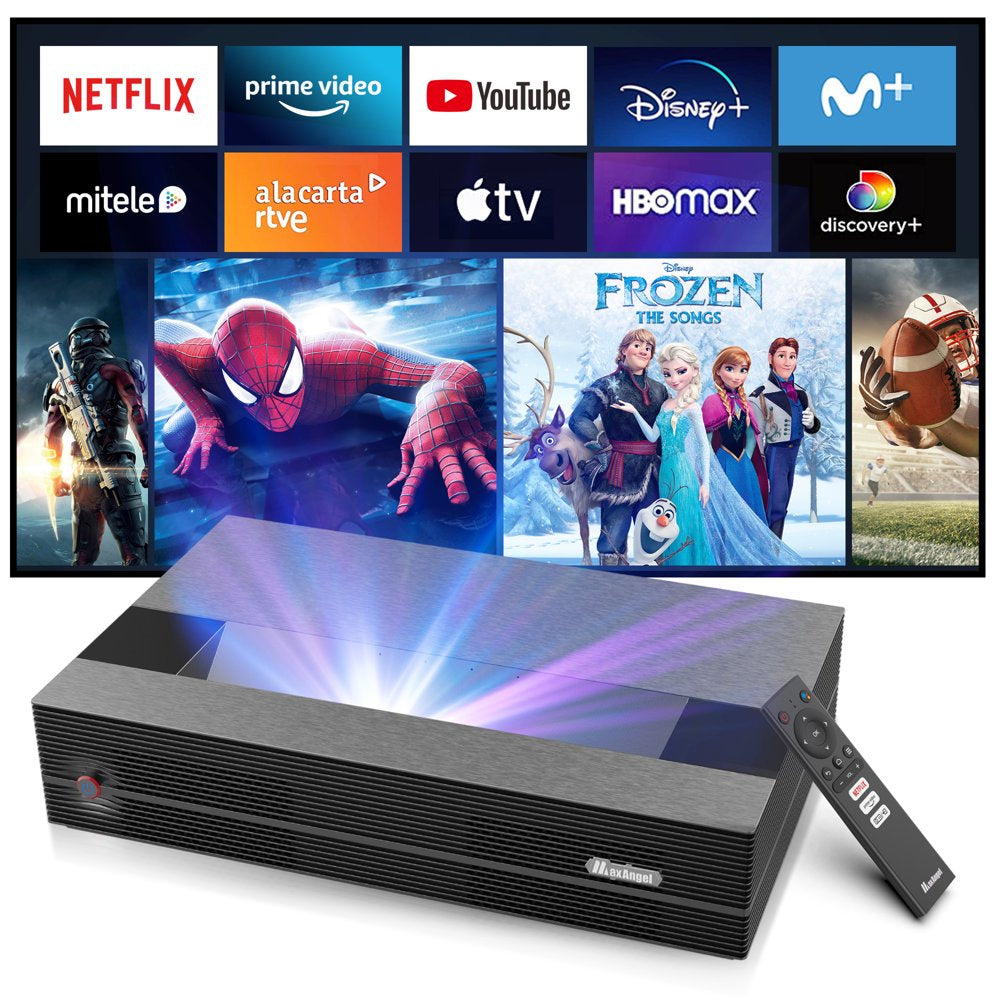 Laser Projector, MaxAngel Smart 4K UHD Laser TV Projector with HDR10, Ultra Short Throw DLP Movie Projector Built-In Android TV with 2500 ANSI Lumens for Home Theater/Gaming/Office Presentations.