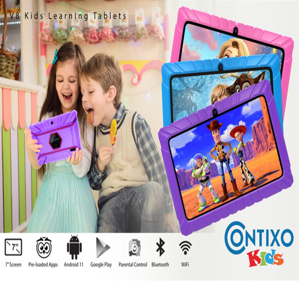 Contixo 7" Android Kids Tablet 32GB, Includes 50+ Disney Storybooks & Stickers, Kid-Proof Case, (2023 Model) - Purple