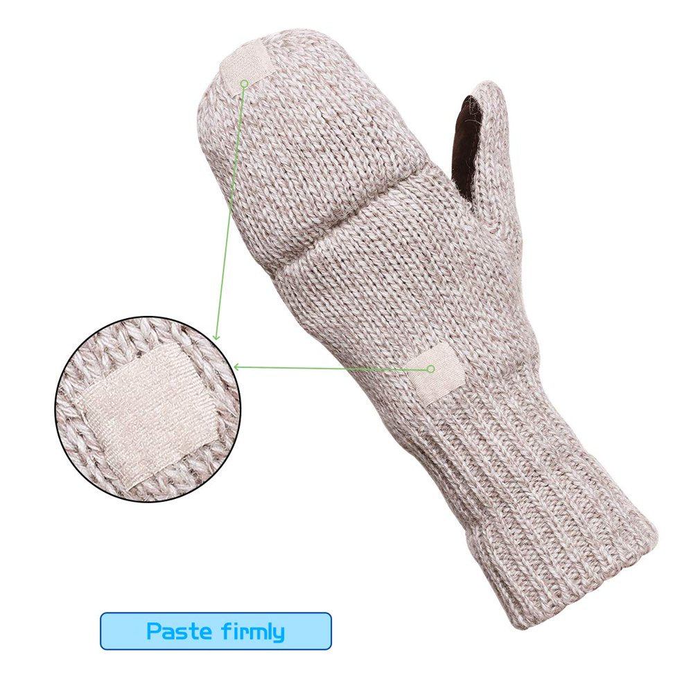 COOPLUS Mittens Winter Fingerless Gloves Warm Wool Knitted Gloves Convertible Gloves for Men and Women