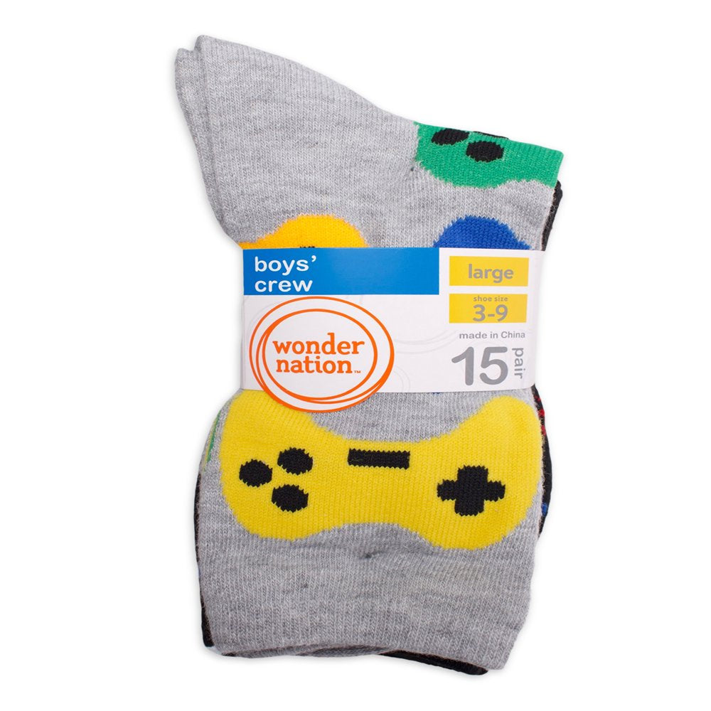 Wonder Nation Boys' Gamer Crew Socks, 15 -Pack, Size M (Shoe Size 9-2.5)