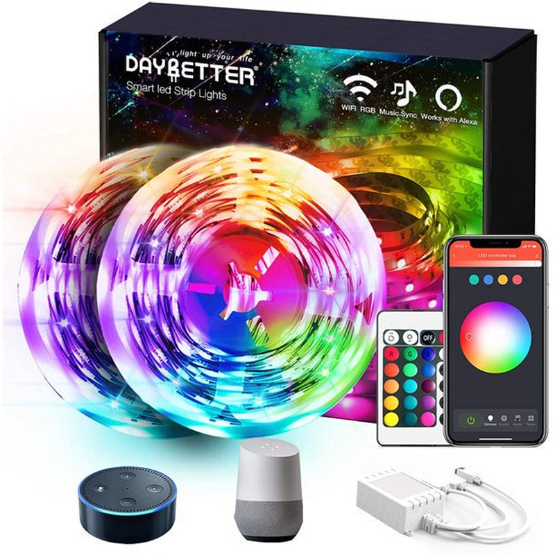 DAYBETTER 50Ft LED Strip Lights,Rgb 5050 LED Lights Work with Google Assistant, Flexible, Timer Schedule,Color Changing Light Strips for Bedroom