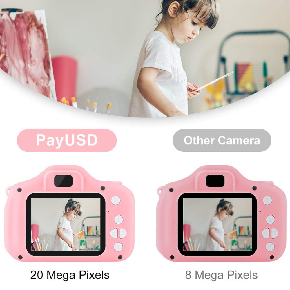 PayUSD Kids Selfie Camera for Kids 1080HD 20MP Digital Camera for Boys Toddler Girl Toys, Christmas Birthday Gift for Age 3 4 5 6 7 8 9 10 Year Old with 32GB SD Card, Pink