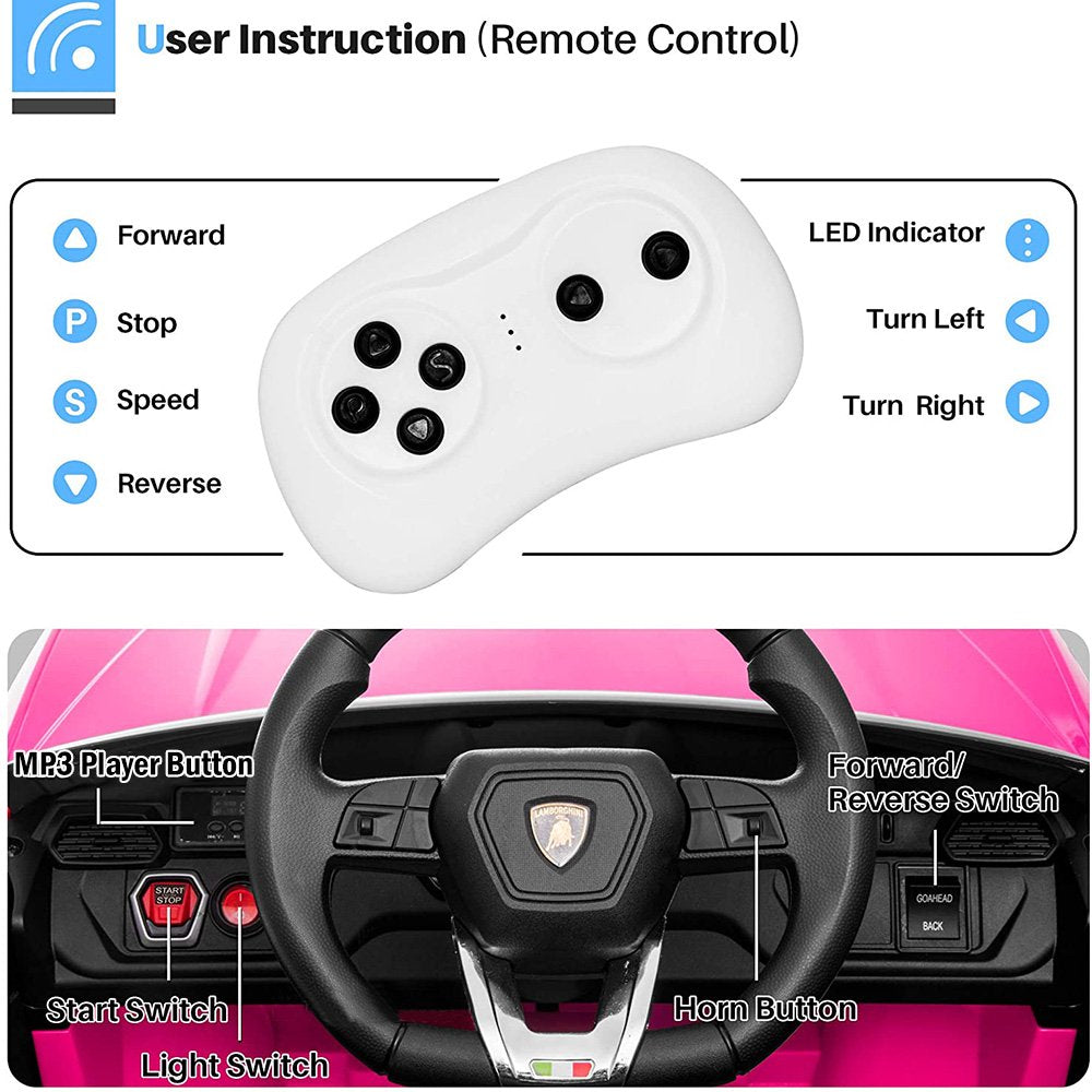 Lamborghini 12 V Powered Ride on Cars, Remote Control, Battery Powered, Pink