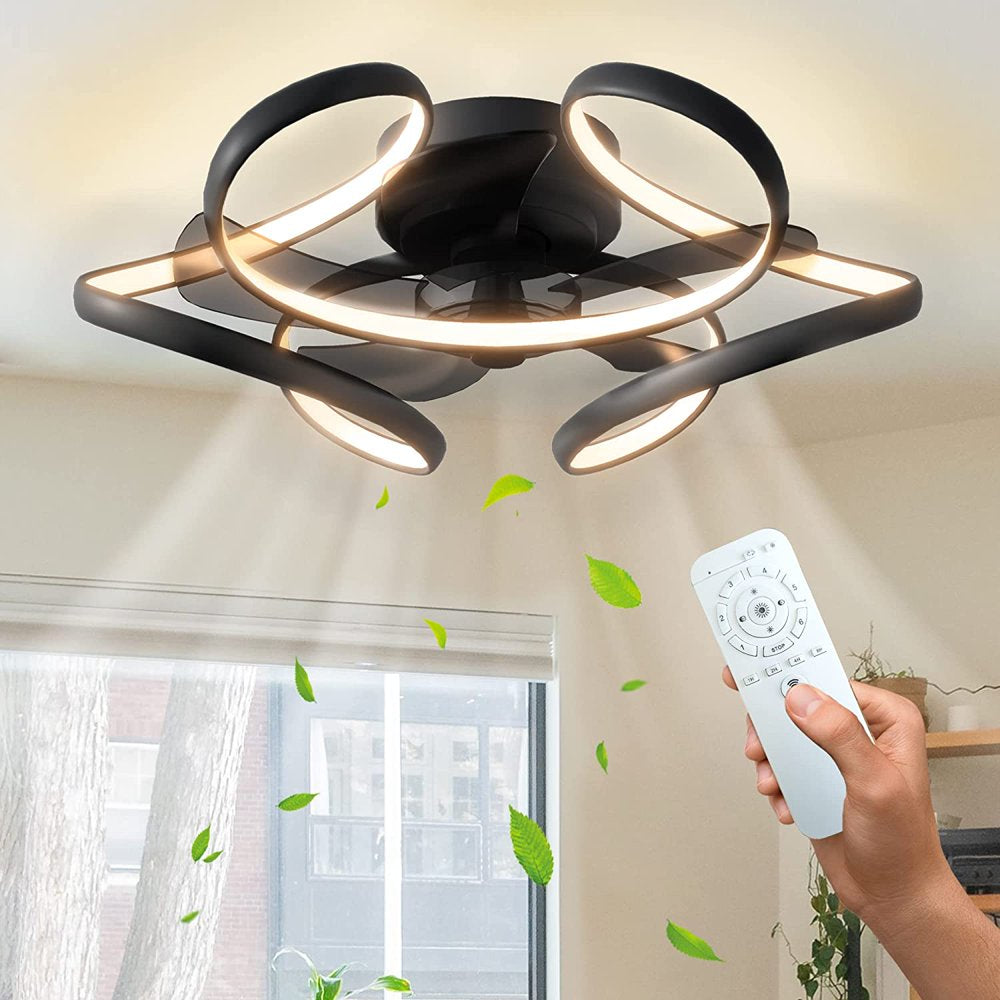 Surnie Ceiling Fan with Light Remote 6 Speeds 3 Colors Low Profile Modern Ceiling Fans Bladeless Flush Mount Ceiling Fan Geometric Reversible Dimmable for Living Room Bedroom Kitchen Black