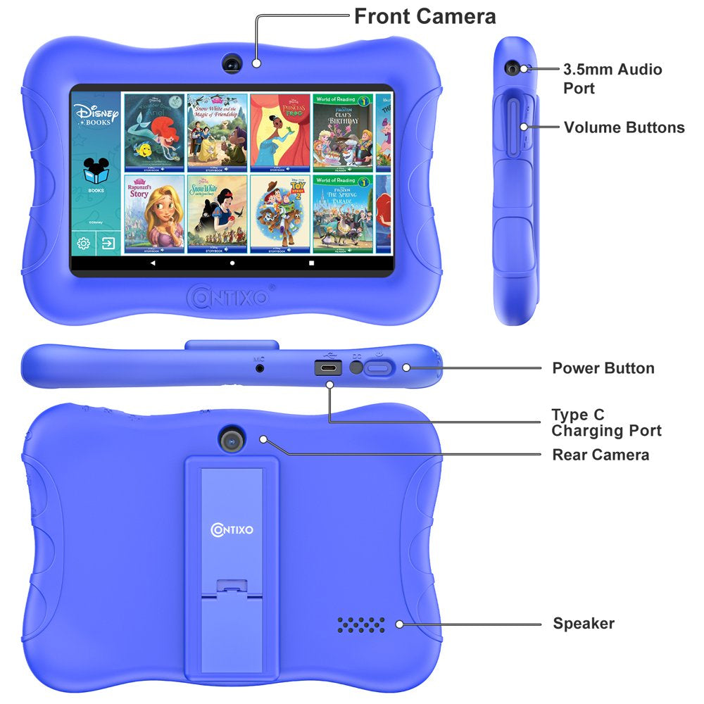 Contixo 7" Kids Tablet 32GB, 50+ Disney Storybooks, Protective Case w/ Kickstand, (2023 Model) - Dark Blue