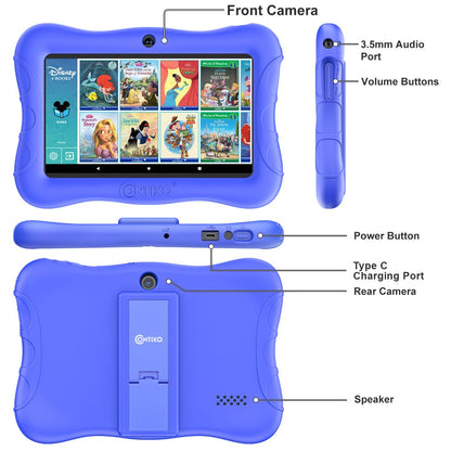 Contixo 7" Kids Tablet 32GB, 50+ Disney Storybooks, Protective Case w/ Kickstand, (2023 Model) - Dark Blue