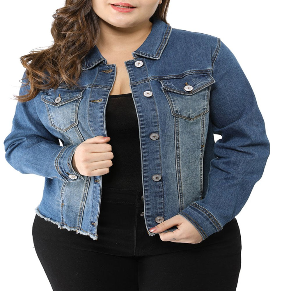  Women's Plus Size Outfits Classic Washed Front Frayed Denim Jacket