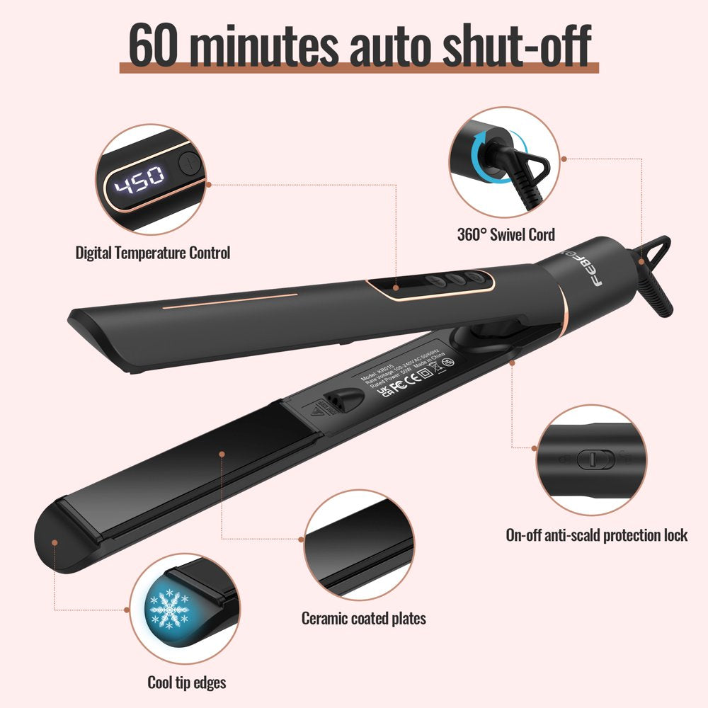  Professional Flat Iron 2 in 1 Hair Straightener & Curling Iron Styling Tool,5S Fast Heat 1" Ceramic Flat Iron,Adjustable Temp,Led Display,Black