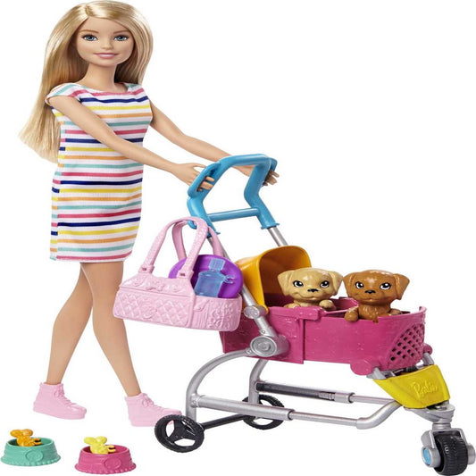 Barbie Stroll & Play Pups Playset with Blonde Doll, Transforming Stroller, 2 Pets & Accessories