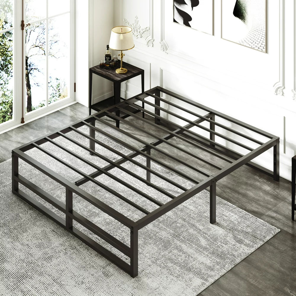 Amolife Queen Size Metal Platform Bed Frame with Solid Metal Slat Support, Black