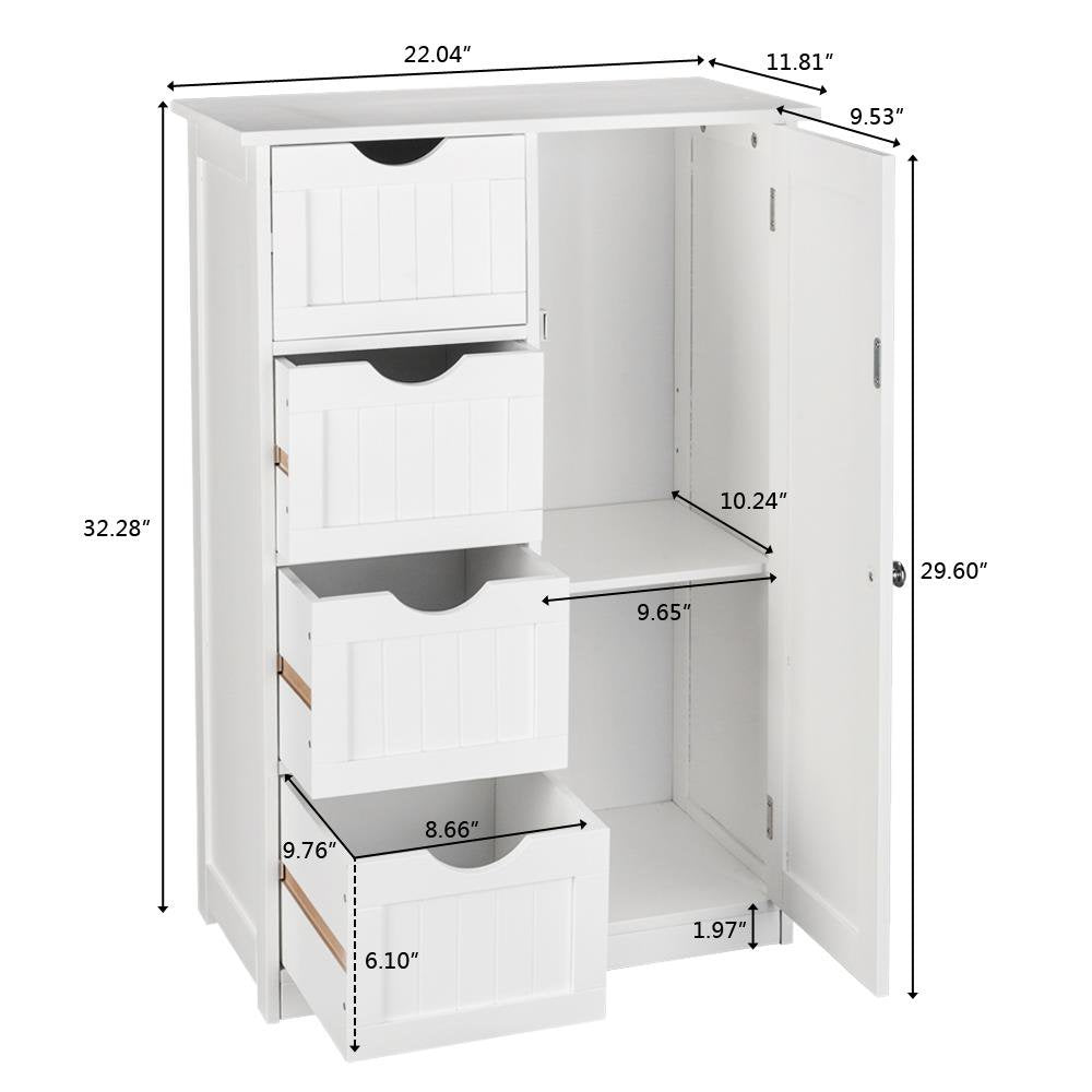 Wooden Bathroom Floor Cabinet,Side Storage Organizer Cabinet with 4 Drawers,1 Cupboard & 2-Shelves,Mdf,White