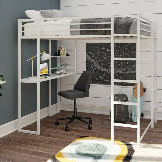 Teen Novogratz Hunter Full Size Metal Loft Bed with Desk, White