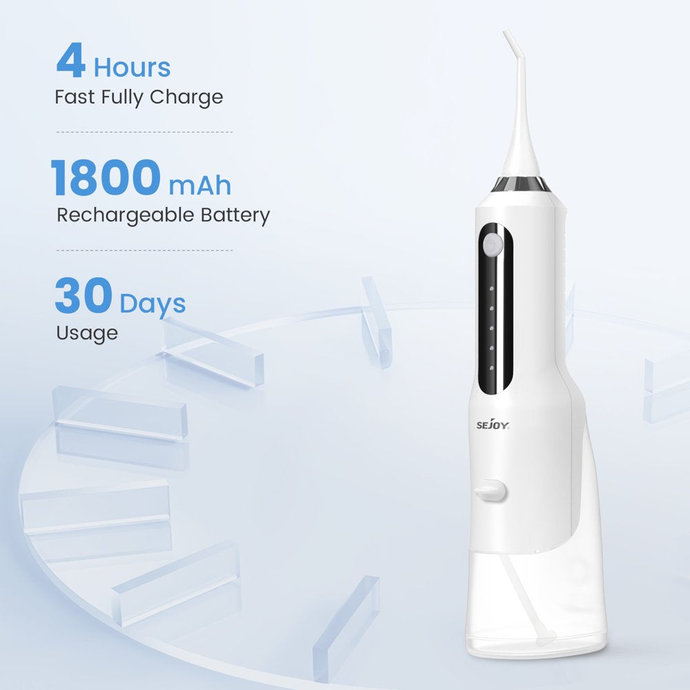 Sejoy Cordless Water Flosser Dental Teeth Cleaner, Professional 270ML Tank USB Rechargeable Dental Oral Irrigator for Home and Travel, 5 Modes 5 Jet Tips, IPX7 Waterproof, Easy-to-Clean,White