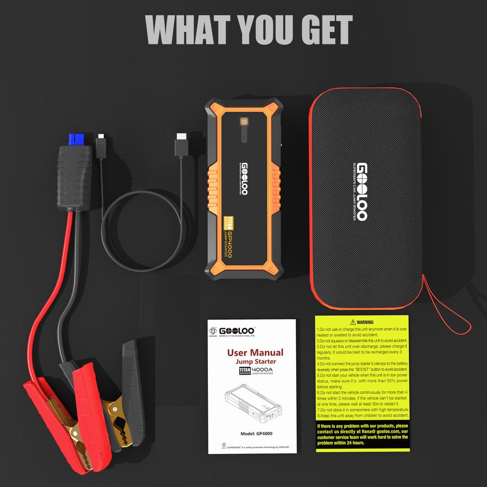 GOOLOO Car Jump Starter,4000A Peak 12V Battery Jumper Box for All Gas and Up to 10.0L Diesel Engine,Portable Battery Booster Pack SuperSafe with USB Quick Charge and Type C