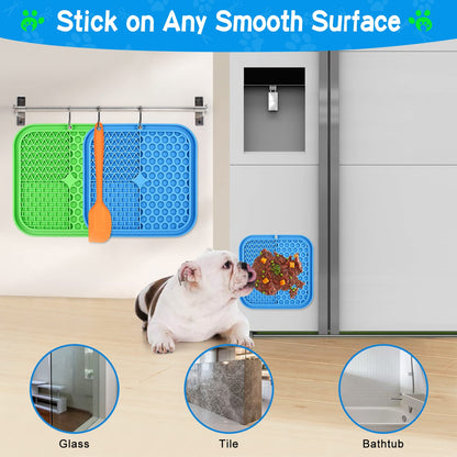 Lick Mat for Dogs, CIICII 3Pcs Slow Feeder Dog Bowls with Suction Cups（Green Dog Lick Mat + Blue Lick Mat for Cats + Orange Spatula） for Dog Treats & Cat Food (Anti-Slip, Food Grade Silicone)