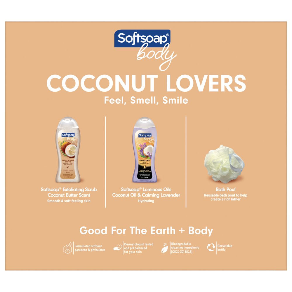 Softsoap Body Wash Coconut Lovers Gift Set, 2- 20 oz Bottles + Pouf