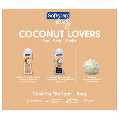 Softsoap Body Wash Coconut Lovers Gift Set, 2- 20 oz Bottles + Pouf