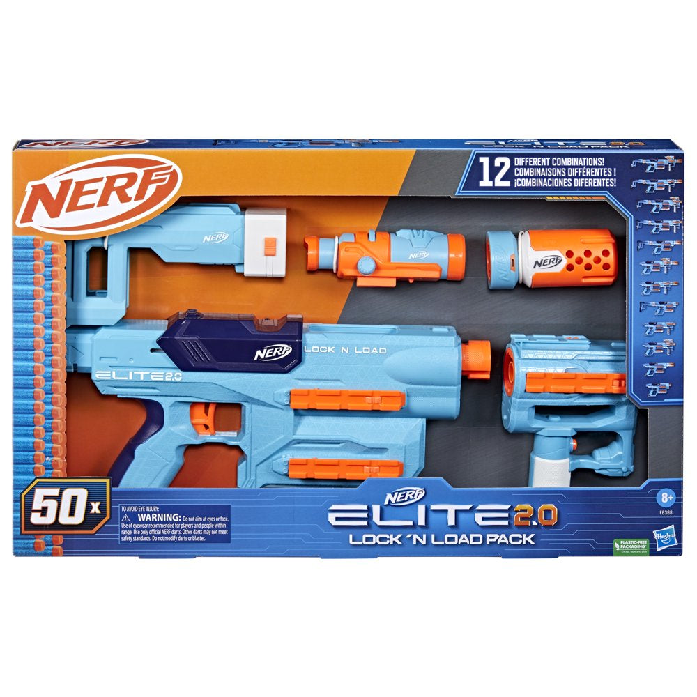 Nerf Elite 2.0 Lock N Load Pack, Blaster, 50 Elite Darts, Stock, Barrel, Foregrip, Scope, Ages 8+