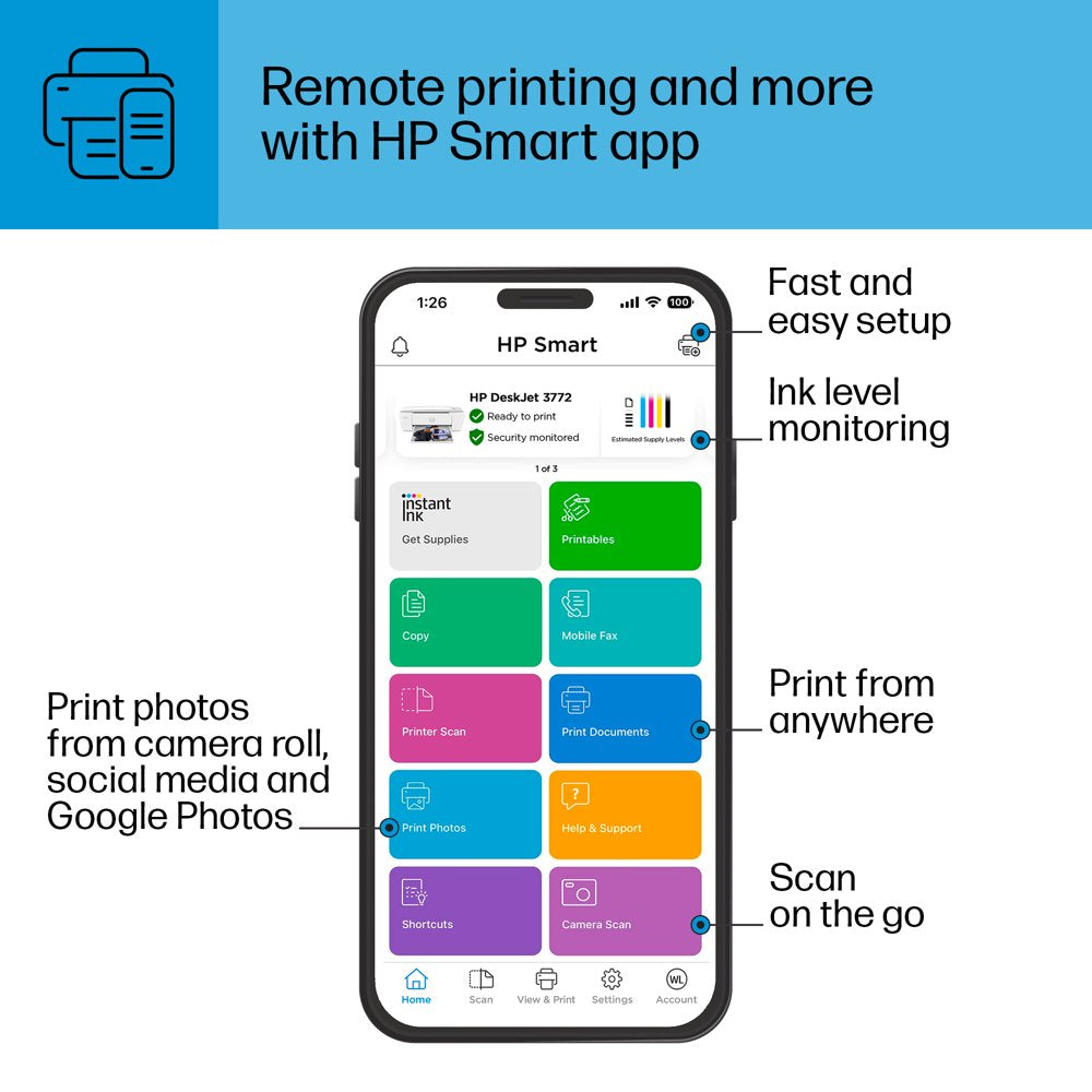 HP DeskJet 3772 All-in-One Wireless Color Inkjet Printer, 6 Months FREE ink with HP Instant Ink