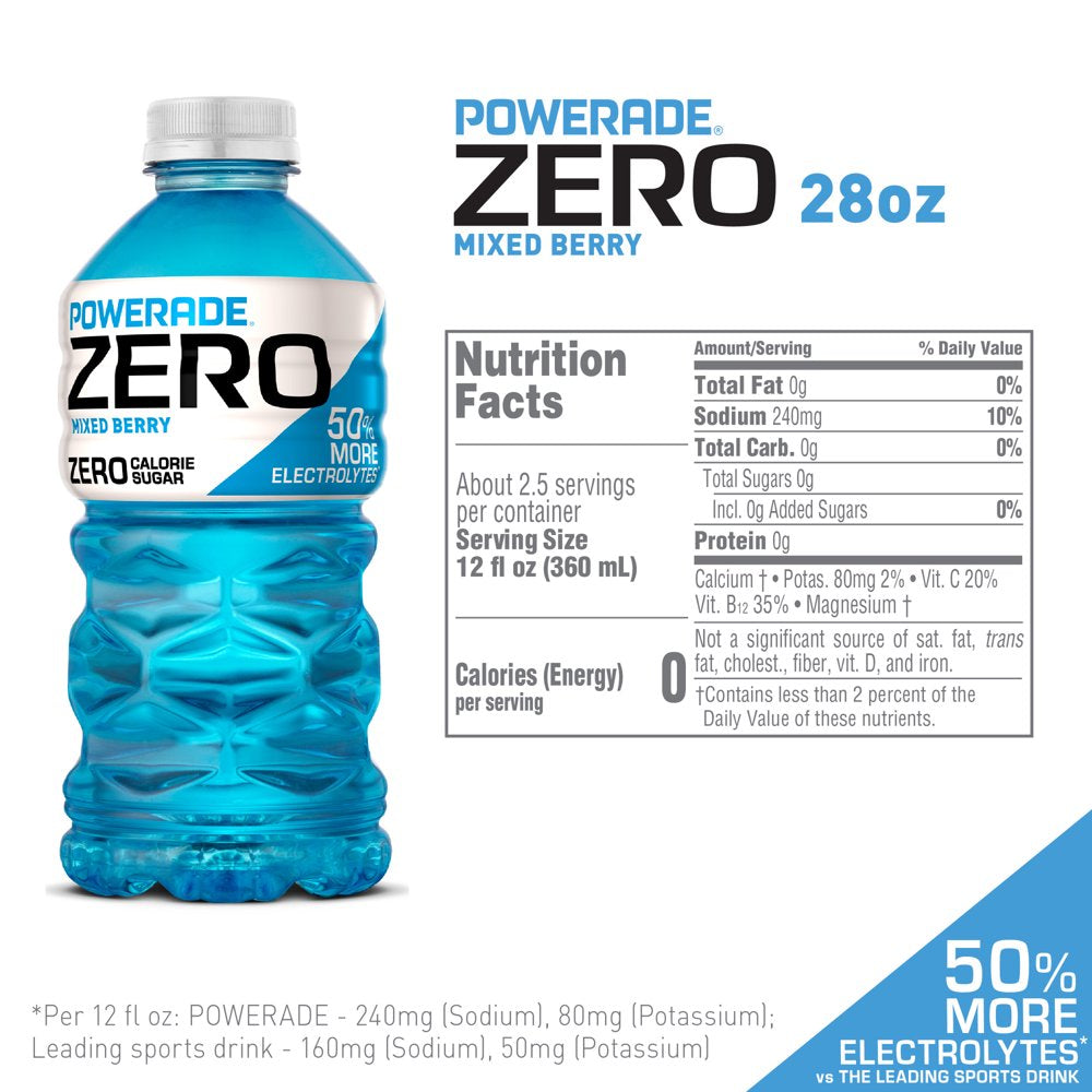 POWERADE Electrolyte Enhanced Zero Sugar Mixed Berry Sport Drink, 28 Fl Oz, Bottle