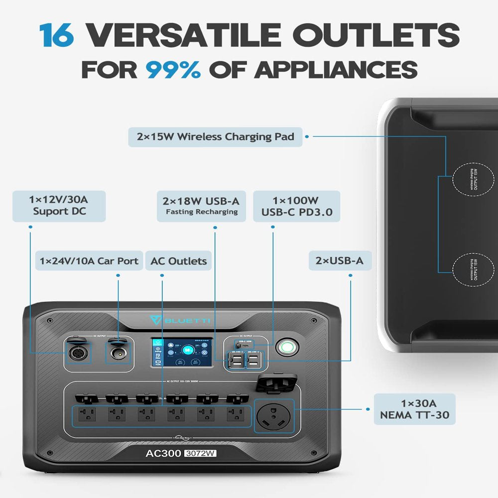 Bluetti AC300&B300 3072Wh Portable Power Station, 3000W Solar Generator for Outdoor Camping,Home Use,Emergency,Mint Condition, Certified Restored