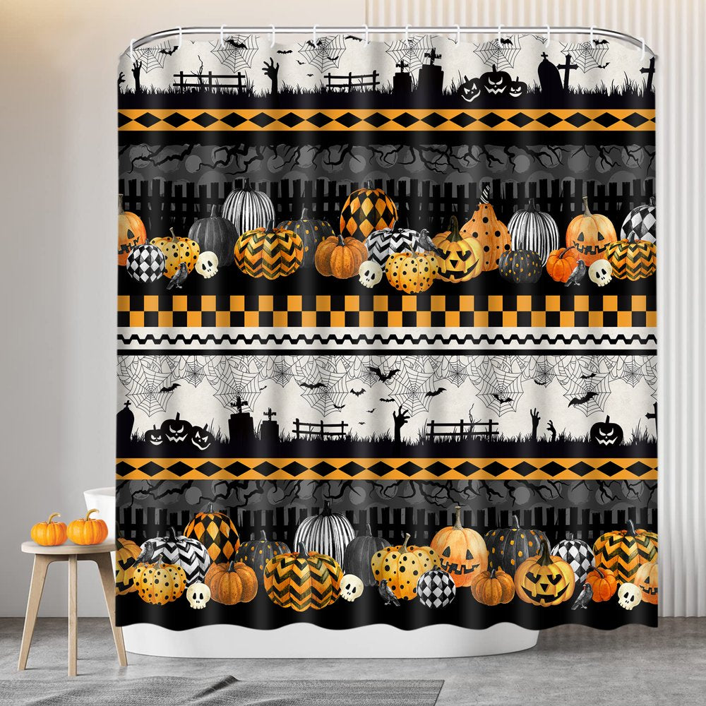  Pumpkin Graveyard Shower Curtain,Halloween Bathroom Decor, Waterproof Fabric Bath Curtain,70"X69"