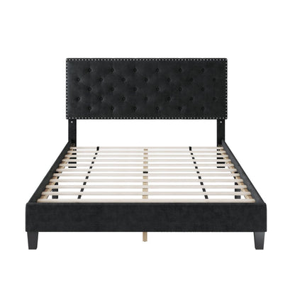 Homfa Full Size Bed, Modern Upholstered Platform Bed Frame with Adjustable Headboard for Bedroom, Black