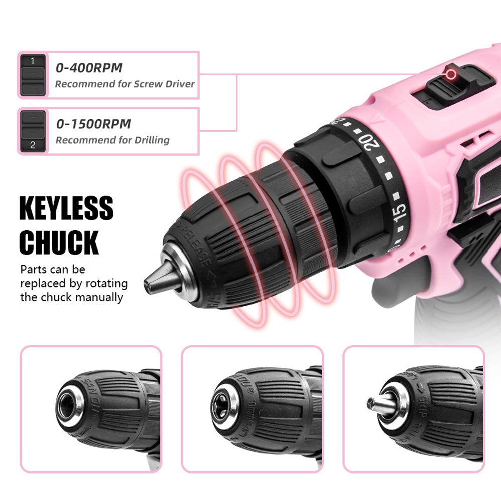 12V Pink Cordless Lithium-ion Drill Set and Pink Tool Set Kit,Home Tool Set Kit for DIY, Lady's Home Repairing Tool Kit with 12-Inch Wide Mouth Open Storage Tool Bag