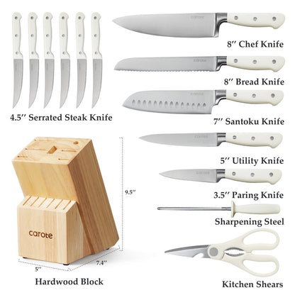 CAROTE 14 Pieces Knife Set with Wooden Block Stainless Steel Knives Dishwasher Safe with Sharp Blade Ergonomic Handle Forged Triple Rivet-Pearl White