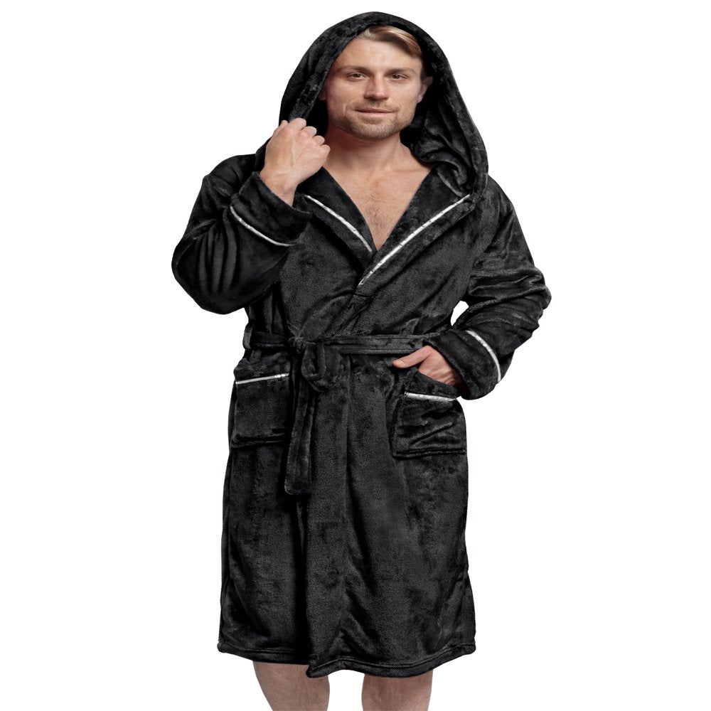 PAVILIA Mens Robe, Hooded Soft Robe for Men, Warm Bathrobe with Hood for Bath Shower Spa with Shawl Collar, Pockets, Satin Trim, Plush Fleece - Black