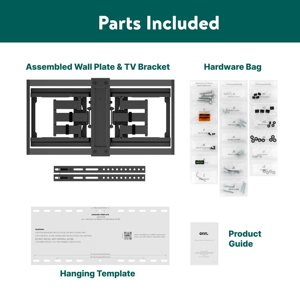 onn. Ultra-slim Full Motion TV Wall Mount for 50" to 86" TVs, up to 20° Tilting