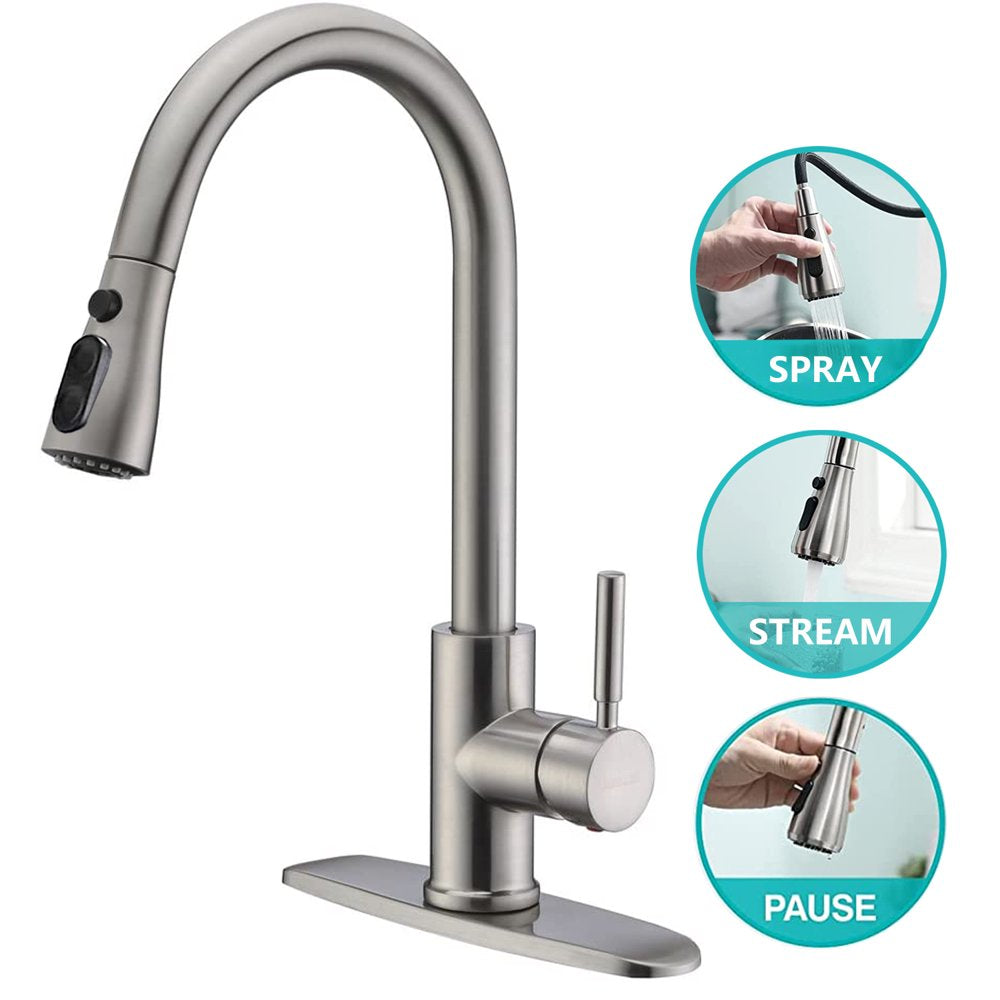 PHANCIR Kitchen Faucet with Pull down Sprayer, High Arc Single Handle Kitchen Sink Faucets with Pause Button Premium Brushed Nickel with Deck Plate Suit to 1 or 3 Holes