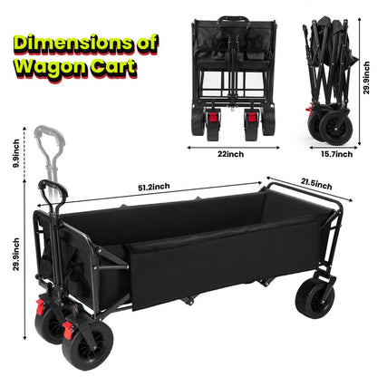 Super Large Collapsible Garden Cart,  Folding Wagon Utility Carts with Wheels and Rear Storage, Wagon Cart for Garden, Camping, Grocery Cart, Shopping Cart, Black