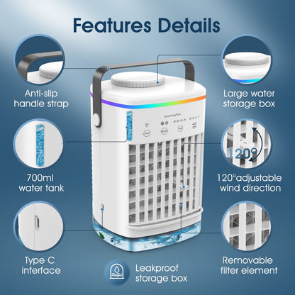 Portable Air Conditioner Fan, Ifanze 700ML Evaporative Air Cooler Fan with 4 Wind Speed, 7 Colors Light,Air Spray,2-8H Timer, Personal AC Fan for Home Room Office Camping, White