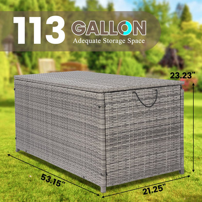 Seizeen Rattan Deck Box for Outside, 113GAL Outdoor Storage Box w/Waterproof Liner for Pool Accessories, Patio Storage Furniture for Garden Poolside, Towel Grey