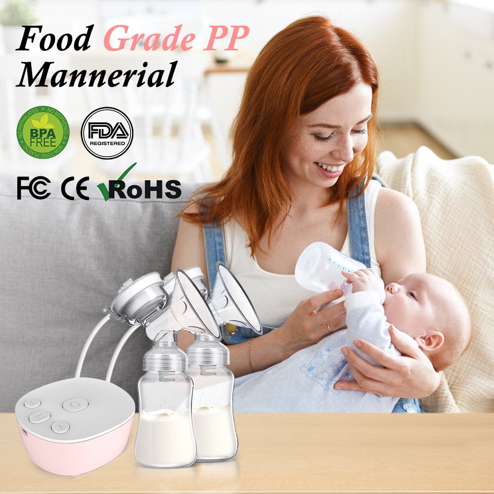 Double Electric Breast Pump, Rechargeable Portable Dual Breastfeeding Pump Anti-Backflow with Milk Collect Function Strong Suction 3 Modes 9 Levels, Pink