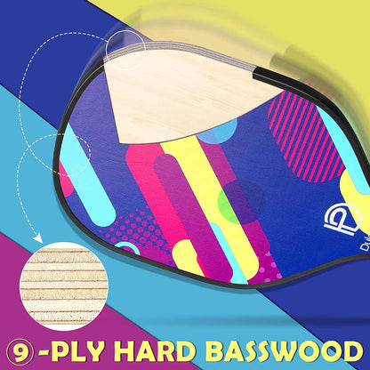  Wood Pickleball Paddles Set of 4 with Mesh Bag, 4 Pickleballs (Indoor/Outdoor) and 2 Cricket Balls, Classic 9-Ply Basswood Wooden Pickleball Rackets with Safe Edge Guard, Cushion Grip