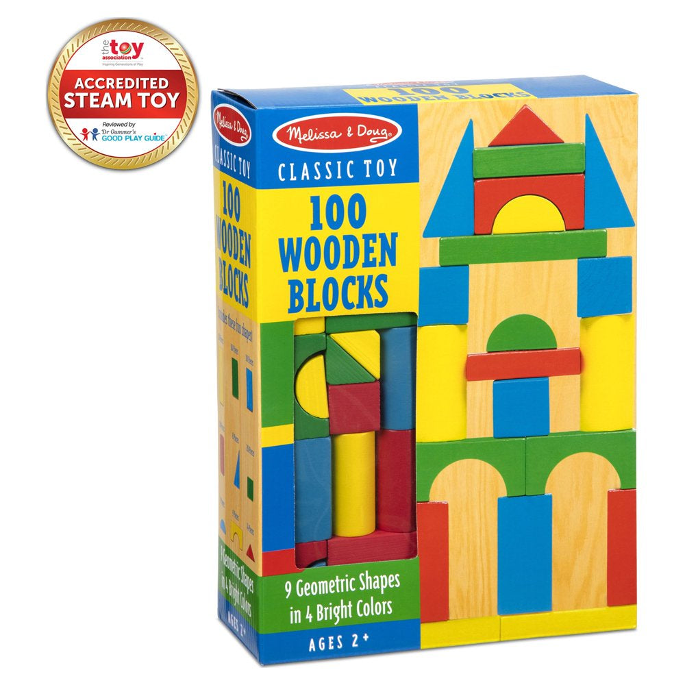 Melissa & Doug Wooden Building Blocks Set - 100 Blocks in 4 Colors and 9 Shapes - FSC-Certified Materials