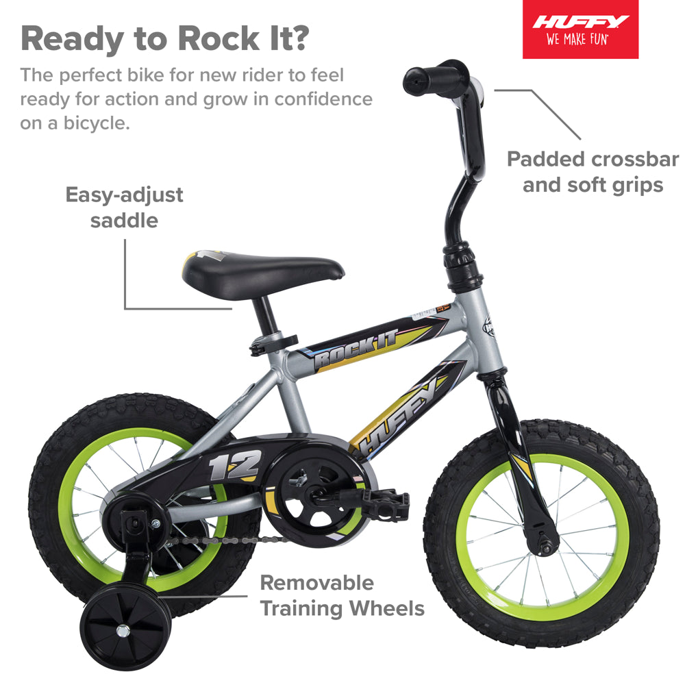 Huffy 12 in. Rock It Kids Bike, for Boys Ages 3 and up, Child, Grey Matte and Lime