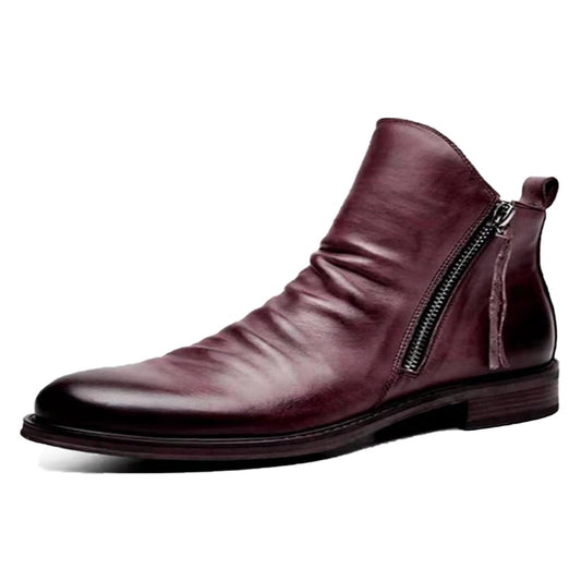 Ritualay Mens Comfortable Dress Boots round Toe Ankle Booties Business Work Side Zip Leather Boot Wine Red 8.5