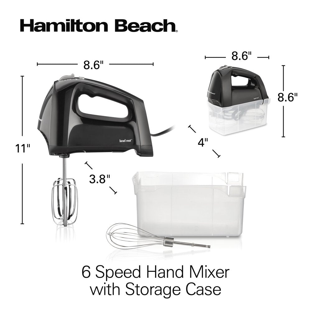 Hamilton Beach 6 Speed Hand Mixer, Quick Burst, Storage Case, Black, 62690